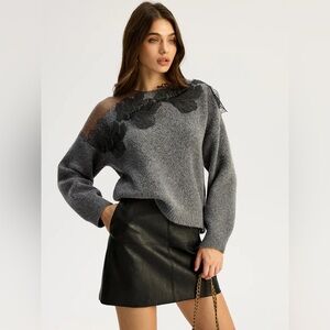 Commense Floral lace Sweater Semi Sheer Round Neck Sweater